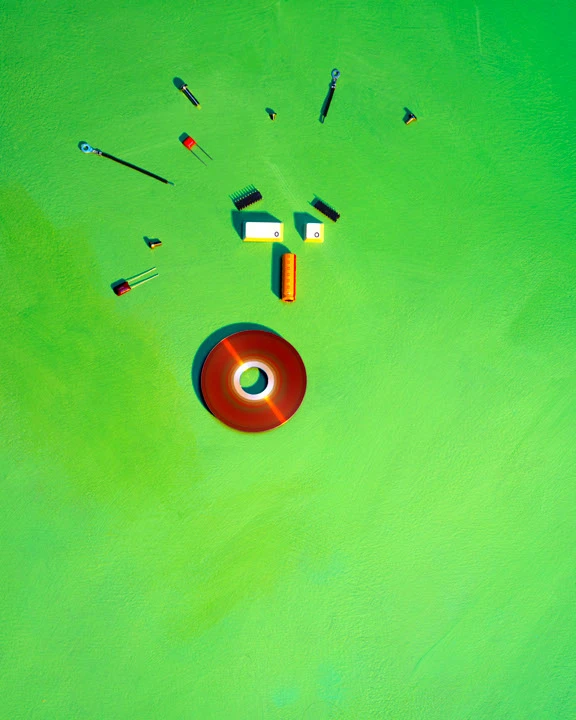 A face assembled from brightly lit tools and everyday objects on green