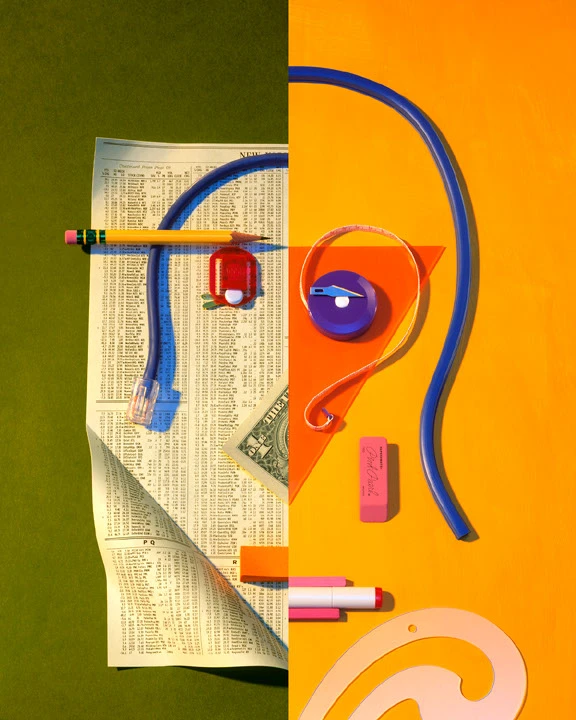 A split-color still life combining financial print and drafting tools