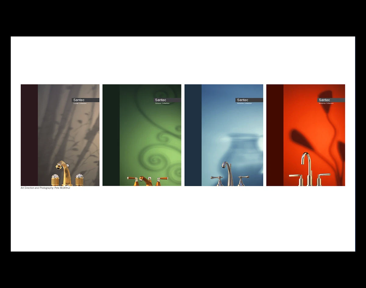 Four vertically composed faucet advertisements presented as a portfolio page