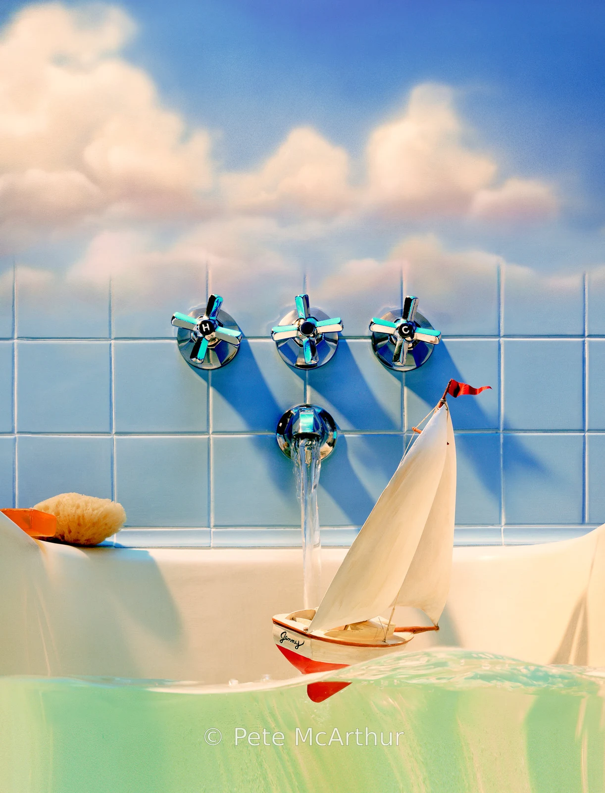 A small sailboat floats in bathwater beneath running taps and a cloudy sky backdrop.